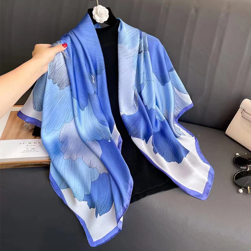 Spring Autumn Fashion Travel Pashimina Design Flower Printed Elegant Imitated Silk Women 110cm Square Hijab Scarf