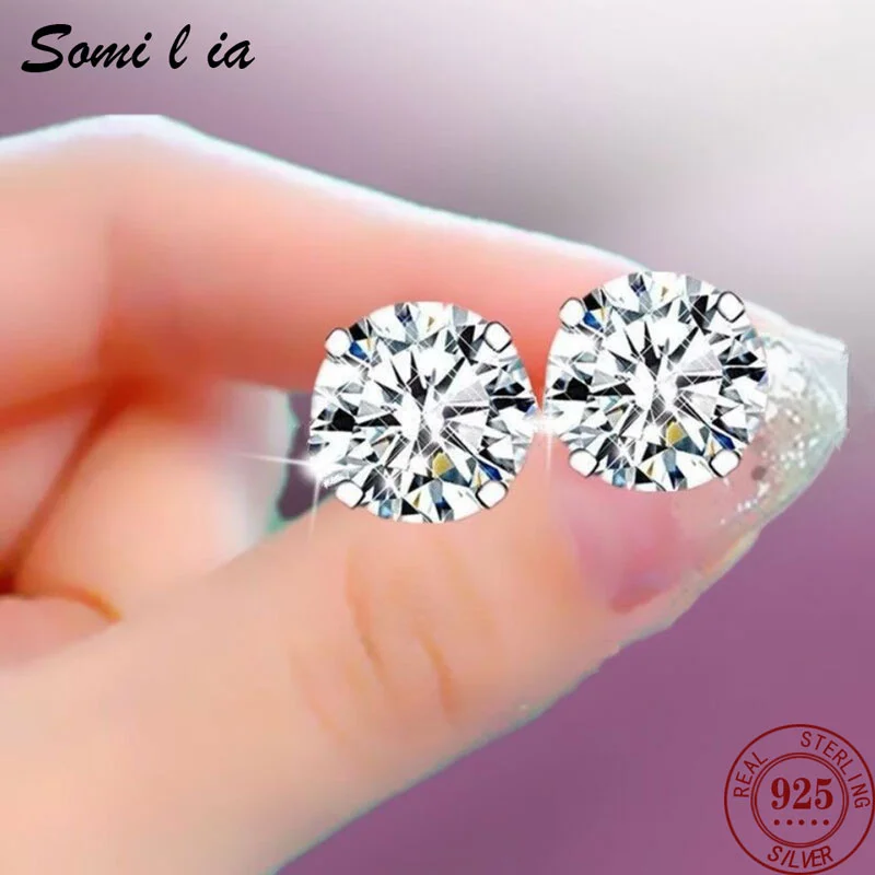SOMILIA Fashion 925 Sterling Silver Stud Earrings for Women 5-9MM Simple Shiny 5A Zircon  Earring DIY Fine Jewelry Accessories