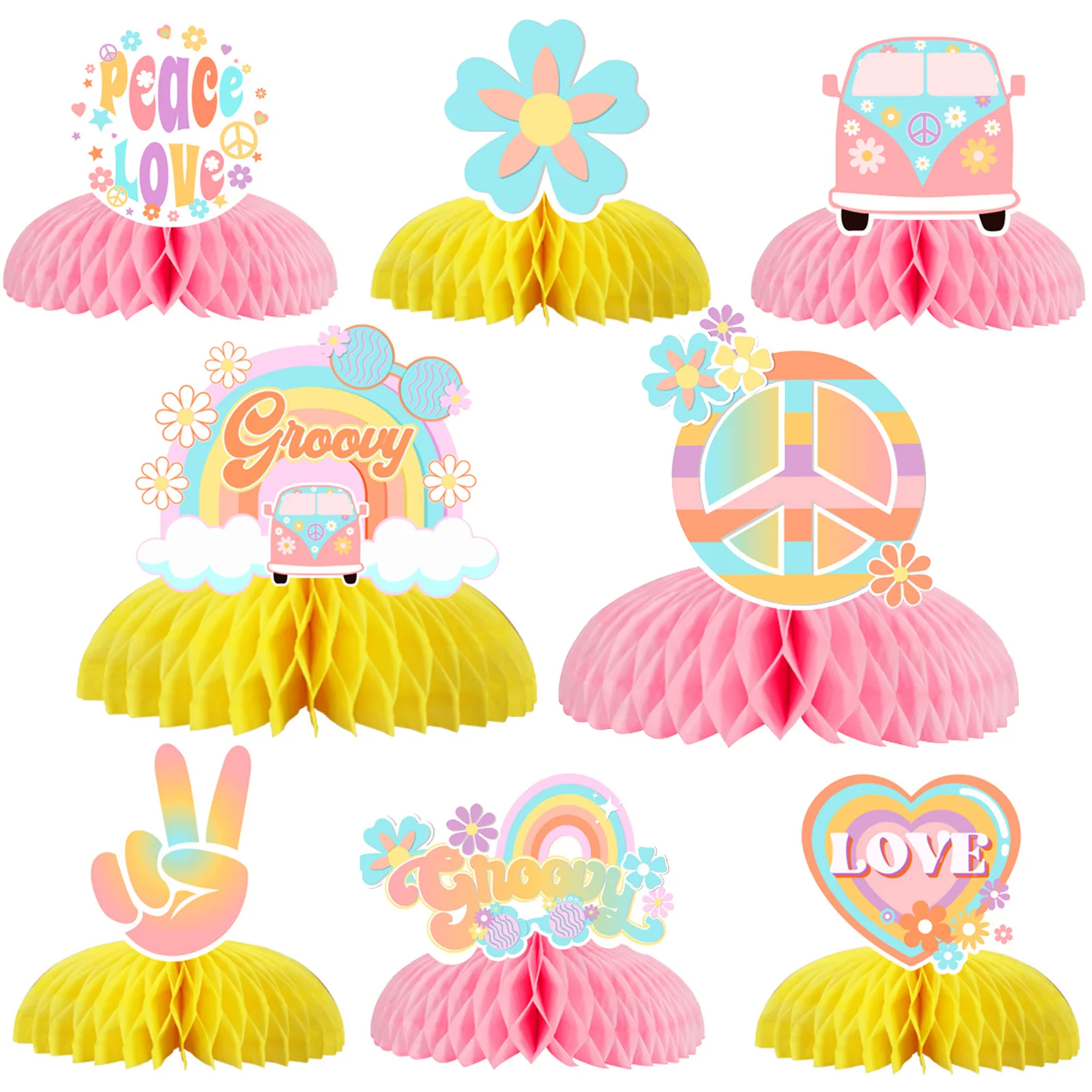 Sursurprise-Hippie Honeycomb Centerpieces for Girls, Boho Table Toppers, Baby Shower, Birthday Party Decorations, 8 PCs