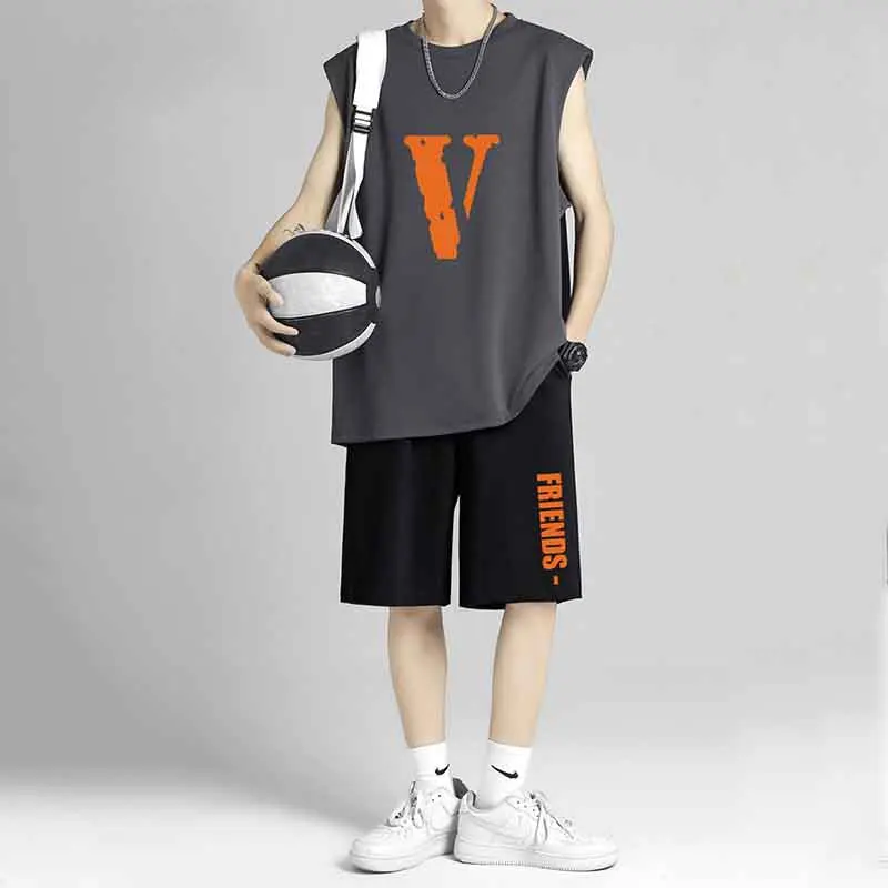 Two Piece Oversized Big Size Men Sets Gym Joggers Basketball Tracksuit Summer Quick Drying Sports Fashion Tank Top Shorts Suit