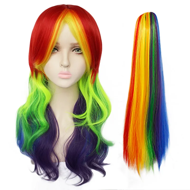 Rainbow Color Long Curly Wavy Wig Synthetic Wig Costume Wig For Halloween Party Harajuku Style Cosplay Wig