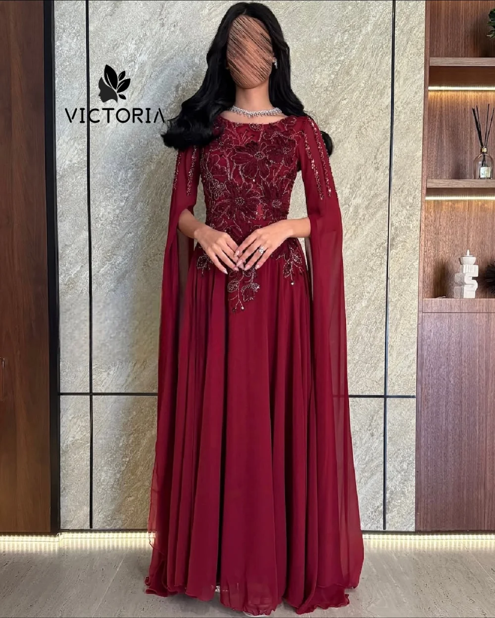 

Burgundy Beaded Cape Satin Arabic Evening Dresses Pleat Corset Formal Occasion Gowns robes de soirée Customized