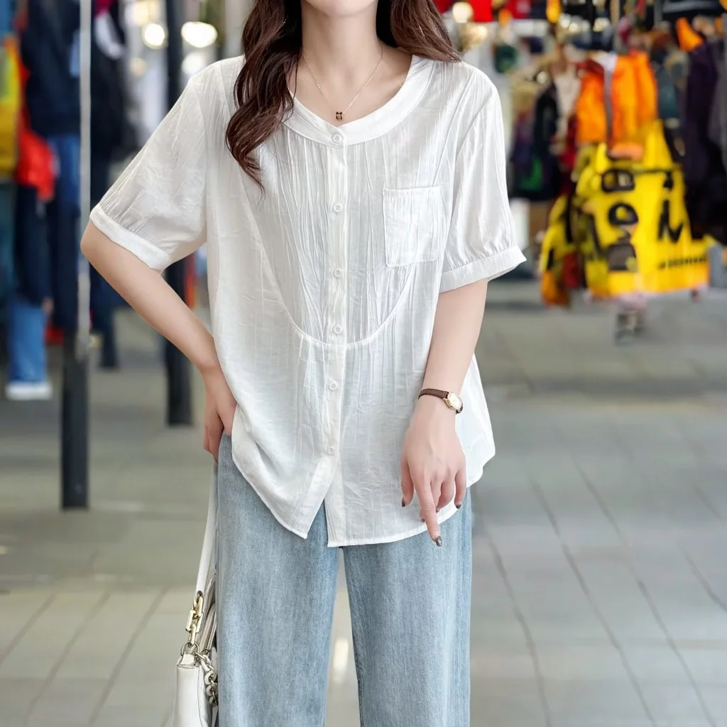 100kg 여름 블라우스 새로운 스타일 얇은 포켓 반팔 셔츠 플러스 사이즈 여성 캐주얼상의 2512