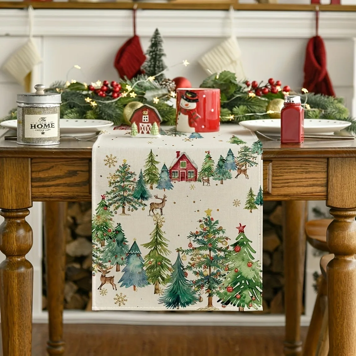 

Christmas Tree Table Runner Multiple Sizes 2D Print Cedar Snowflake Winter Theme Woven Linen Indoor Outdoor Dining Party Gift