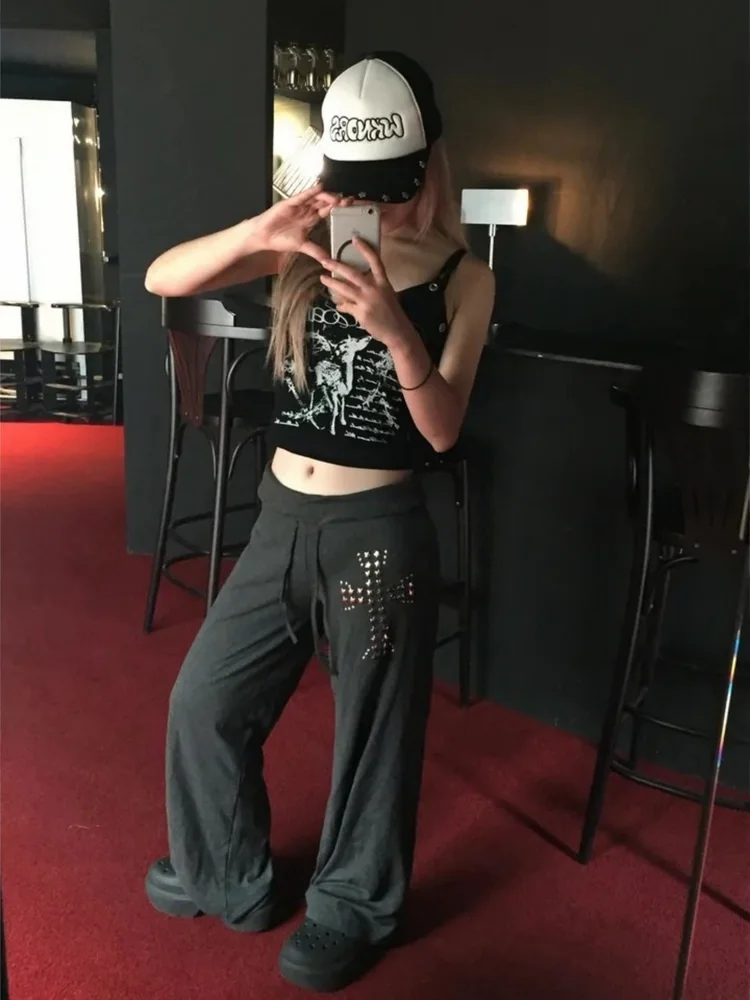 بنطلون طويل رمادي واسع الساق فضفاض عالي المرونة ناعم ومريح بتصميم SEI ستار مع زخارف معدنية على الطراز الكوري للعمل بسيط مستقي...