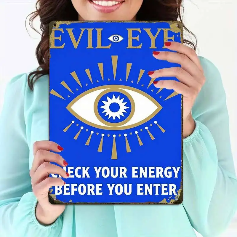 Vintage Evil Eye Energy Check Tin Sign, Creative Metal Wall Plaque for Home Cafe Garage Man Cave Decor & Gift
