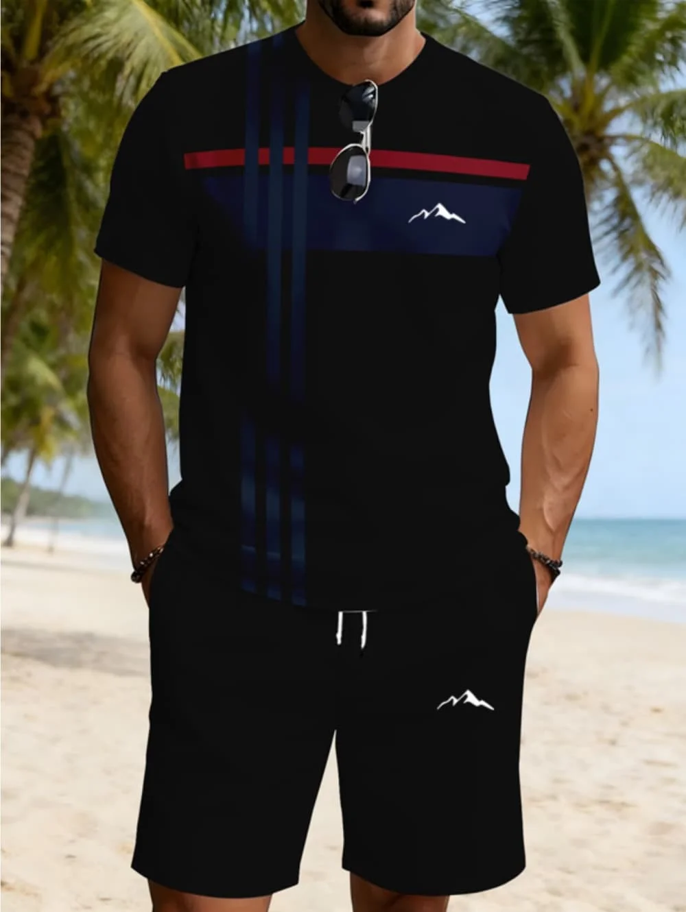 2026 Summer New Arrival Men's Casual Two-Piece Set Striped 3D Print Short-Sleeve Shirt and Athletic Shorts Set Men's Fitness Set view 6
