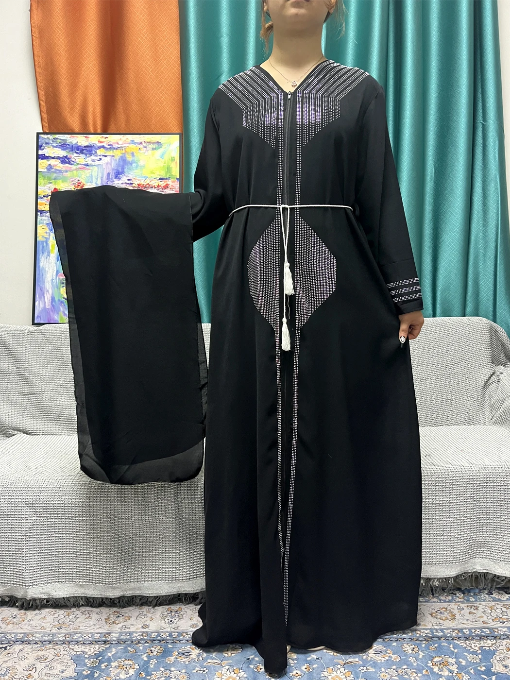 Muslim Ramadan Sets Abayas For Women Diamond Inlaid Solid Color Synthetic Silk Chiffon Loose Fit Femme Robe With Headscarf Belt