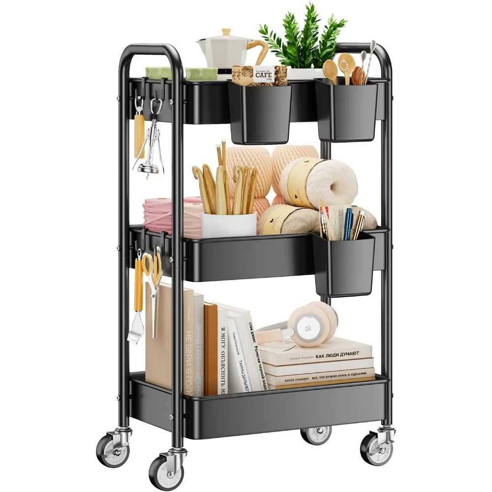 

3 Tier Rolling Cart Metal Utility Storage with Wheels Hooks Cups Heavy Duty Mesh Organizer for Kitchen Office Craft