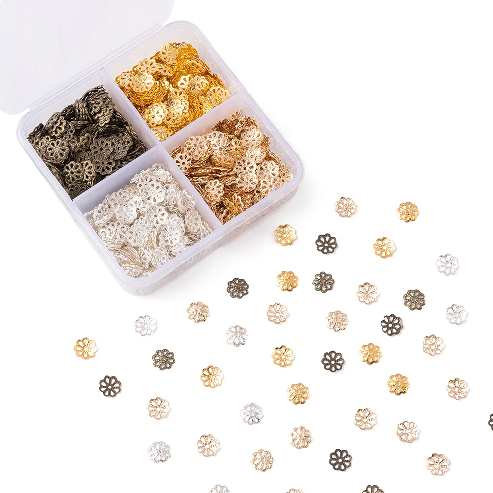 1600pcs/box 4 Colors 8-Petal Hollow Tiny Bead Caps Flower End Caps Bead Spacer Bulk for Necklace Bracelet Earring Jewelry Making