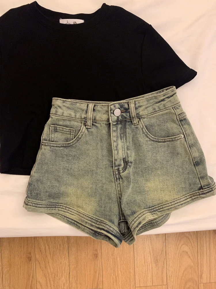 레트로 아메리칸 디스트레스드 청바지 여성 슬림핏 스트레이트 캐주얼 스커트 섹시 핫팬츠 하이웨이스트 여름 데님