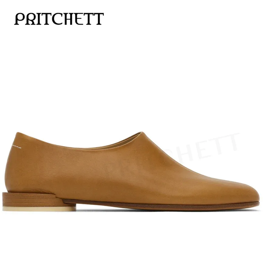 Mocasines planos de cuero tostado para hombre, punta cuadrada, tacón redondo, sin cordones, boca poco profunda, diseño Simple, zapatos casuales, cómodos, moda