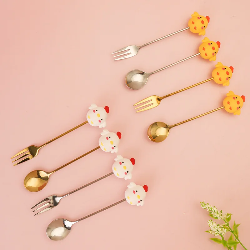 304 Stainless Steel Coffee Spoon Fork Cute Yellow Chicken and White Chicken Afternoon Tea Coffee Spoon Fork Silverware Set