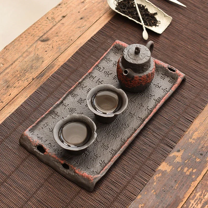 Vintage-Teetablett aus grobem Ton – gealterter Stein, Schlamm, Keramik-Tischplatte, Trockenbrett, rechteckiges Kungfu-Teeset mit rutschfester Basis