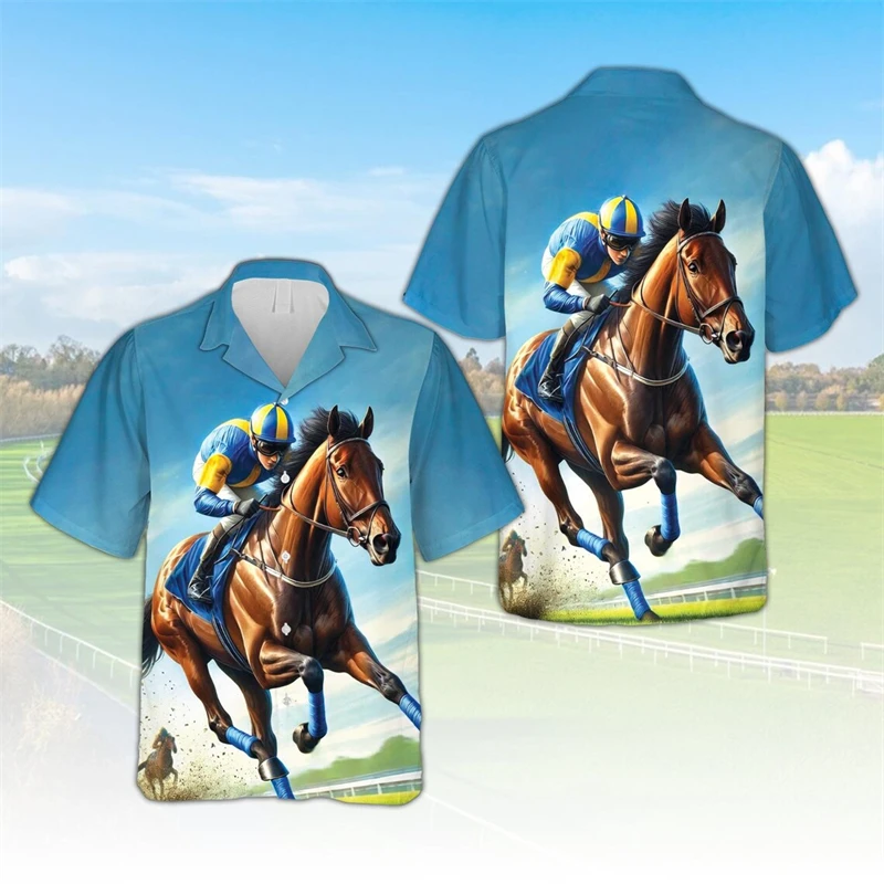 Men's Fashion Casual Loose Short Sleeve Shirt New Summer Retro America Style T-shirt Hip Hop Horse Racing Printing Shirt Blouses