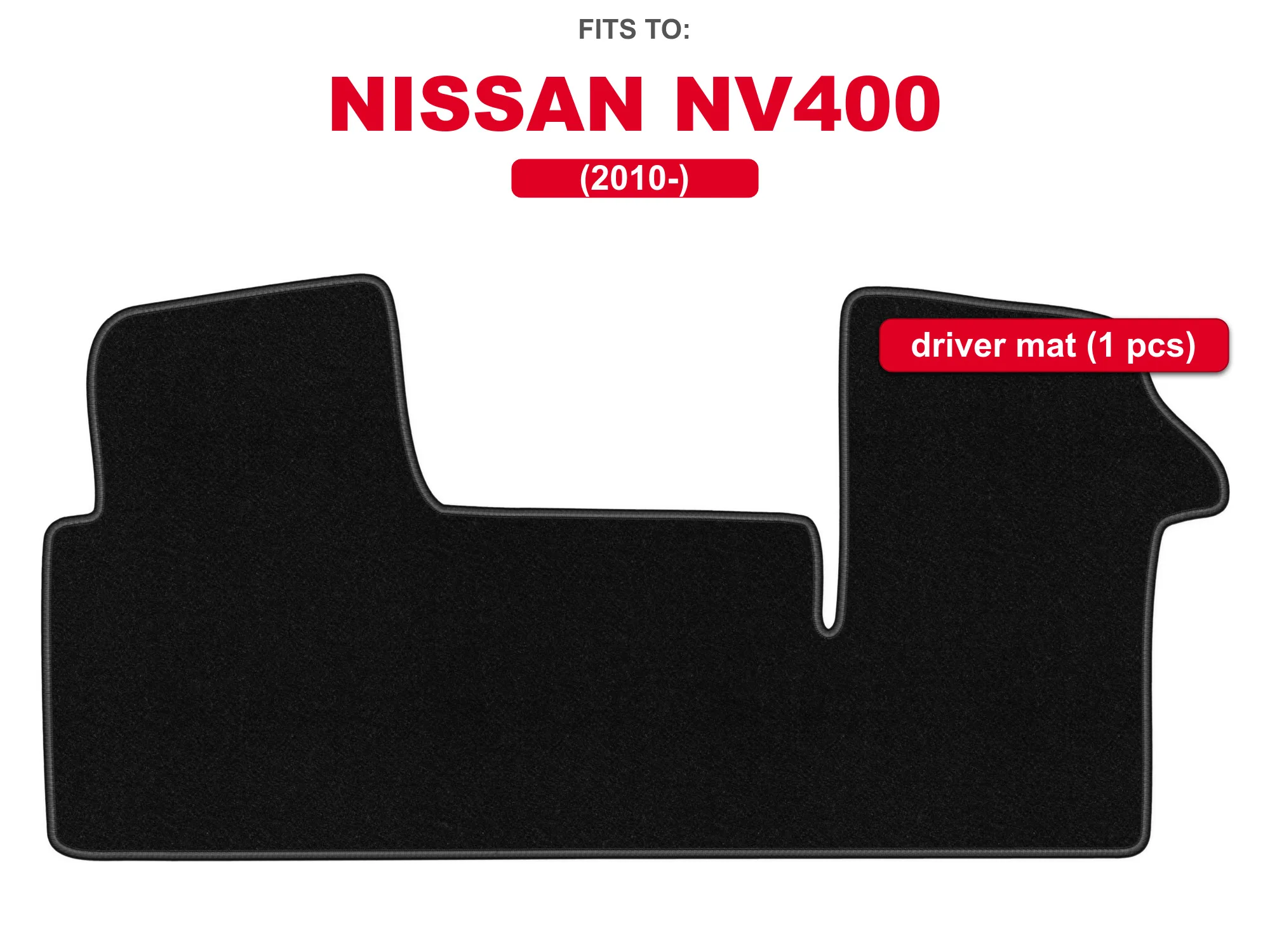 Zwarte velours bestuurdersvloermat voor: Nissan NV400 2010–, vloermat voor bedrijfswagens, 1 stuk voor de voeten van de bestuurder, op maat gemaakt