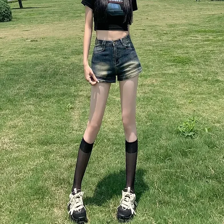 Retro-Denim-Mini-Shorts für Damen, stilvoll, hohe Taille, schlankmachende A-Linien-Hotpants, Baumwolle, lässige Mode, Shorts in Übergröße