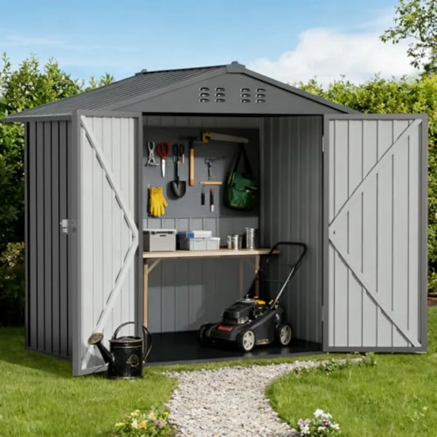 Outdoor storage shed for backyard use, galvanized steel construction, gray finish, rust-resistant and weatherproof with lockabl