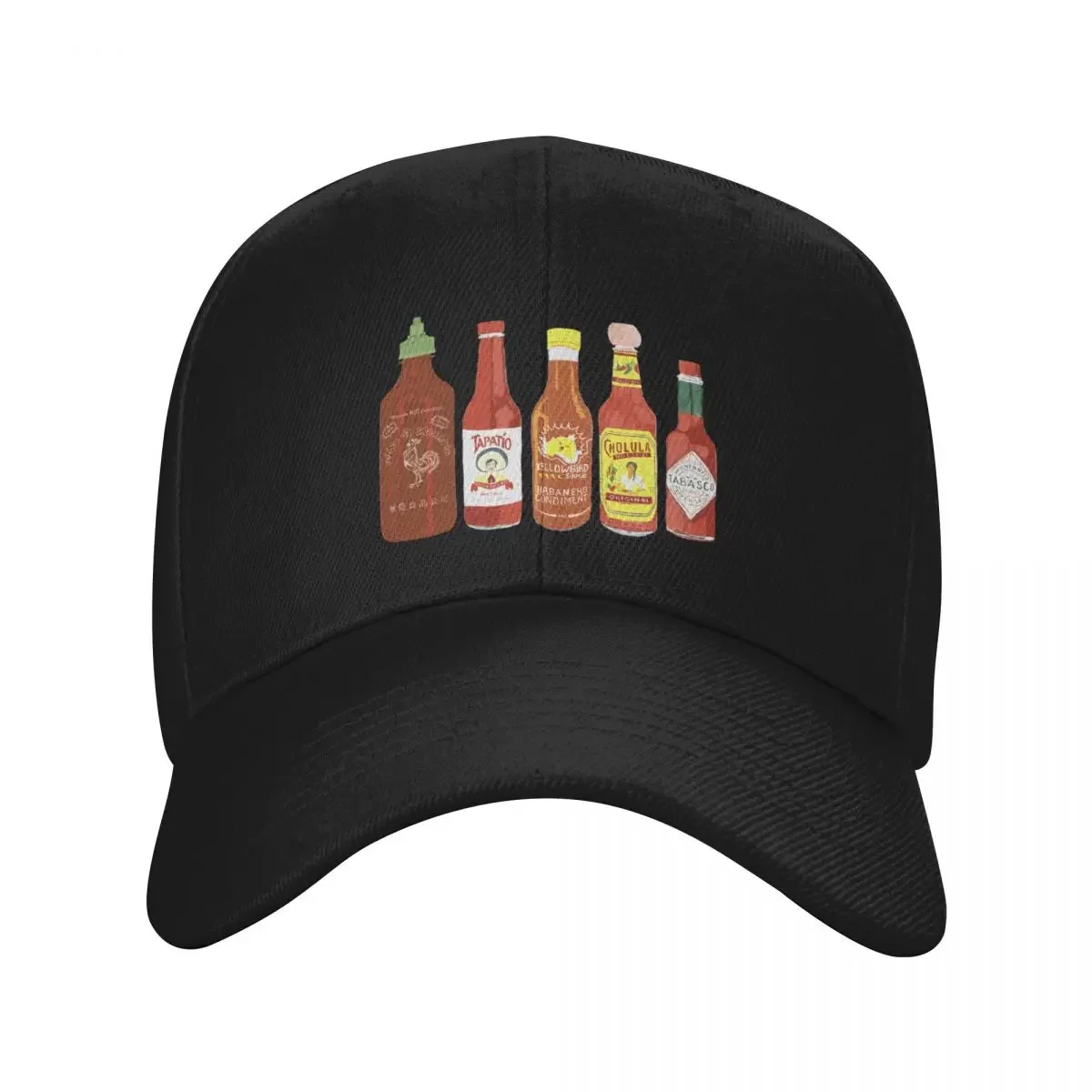 Spicy! Check out these hot sauces on black background Baseball Cap fun hats Vintage Beach Outing Female Men's