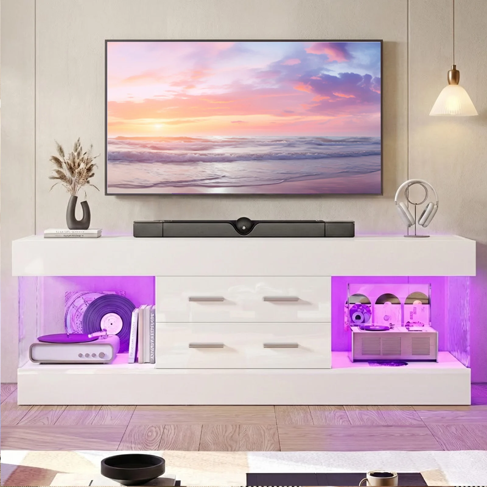 NOST&HOST Mueble de TV Moderno de 60 Pulgadas para Televisores de 65/60/55+, Centro de Entretenimiento Blanco Brillante con 2 Cajones y Luces LED para Sala de Estar