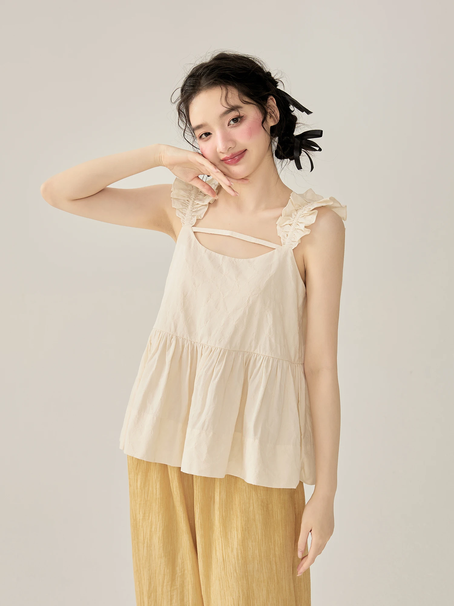 

Sweet Floral Embroidery Strap Vest Summer Flng Sve Top Mani Ulysses Artistic Casual Cotton Blend Loose Fit Women's Vest