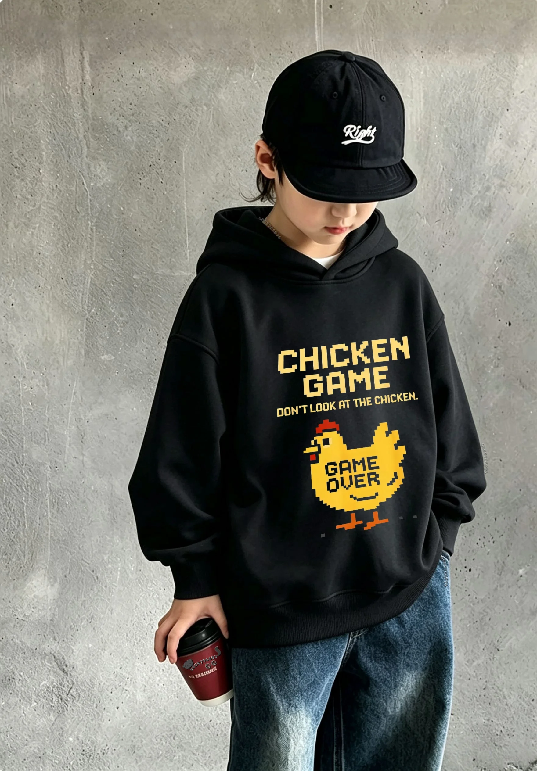 Y2K Trendy pixelated chicken print warm children's hooded sweatshirt, autumn and winter children's casual top