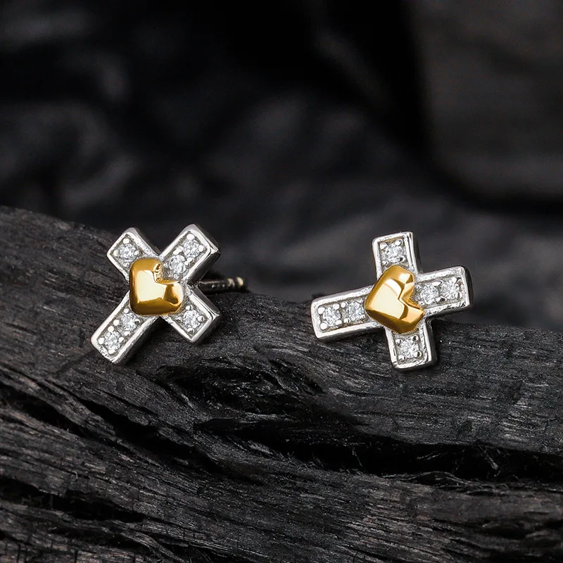 F.I.N.S Original Color Separation S925 Sterling Silver Zircon Cross Earrings Small Love Heart Piercing Ear Studs Fine Jewelry