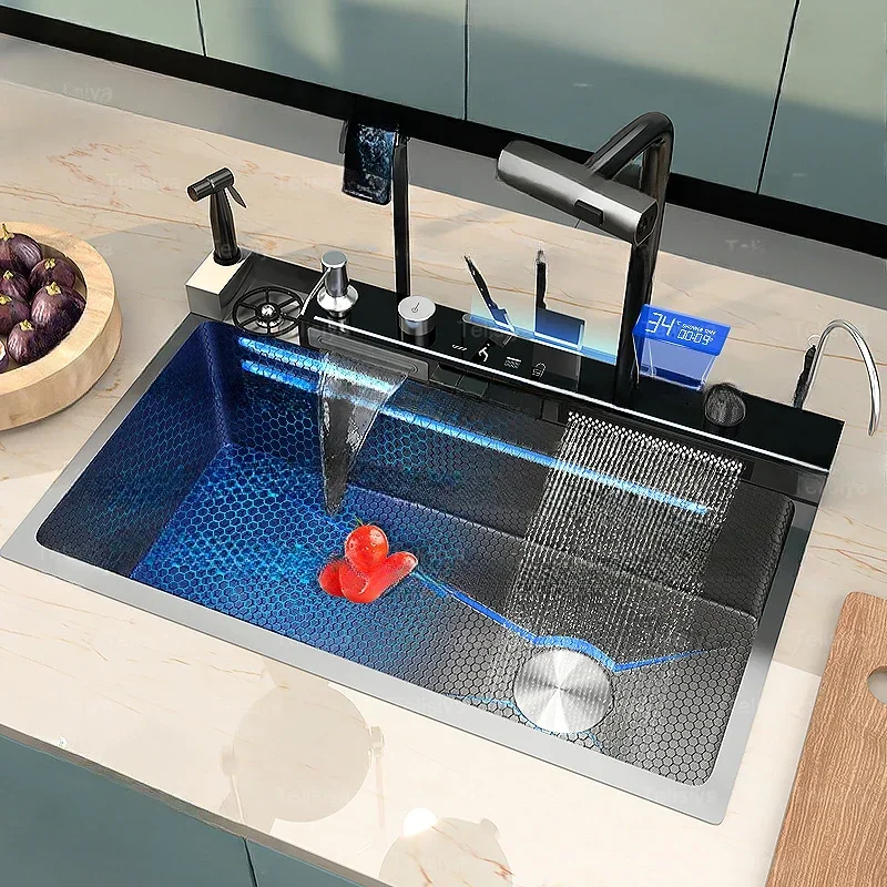 

Кухонная мойка с цифровым дисплеем, новинка с водопадом, сотовый тисненый смеситель-усилитель, большая раковина на столешнице, одна раковина