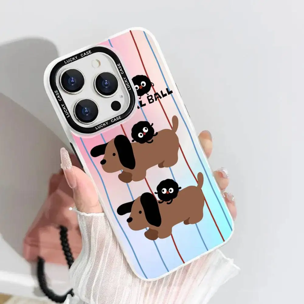 1pc Korean Cute Dog Stripes Gradient Phone Case Laser IMD Color Silver Shell For IPhone 17 16 15 14 13 12 11 Air Pro Max Plus