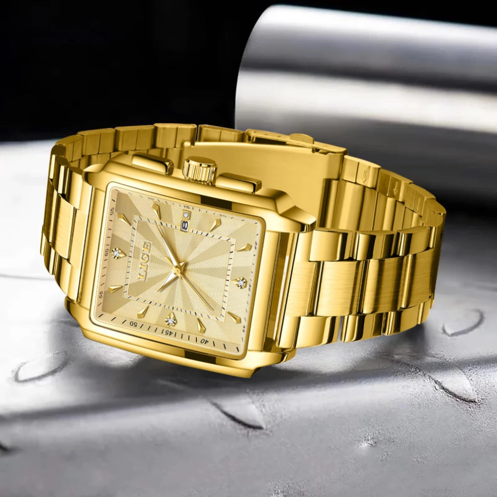 LIGE Fashion Women Watch Golden Diamond Square Dial Waterproof Quartz Wristwatch Stainless Steel Bracelet Watch Gift for Female