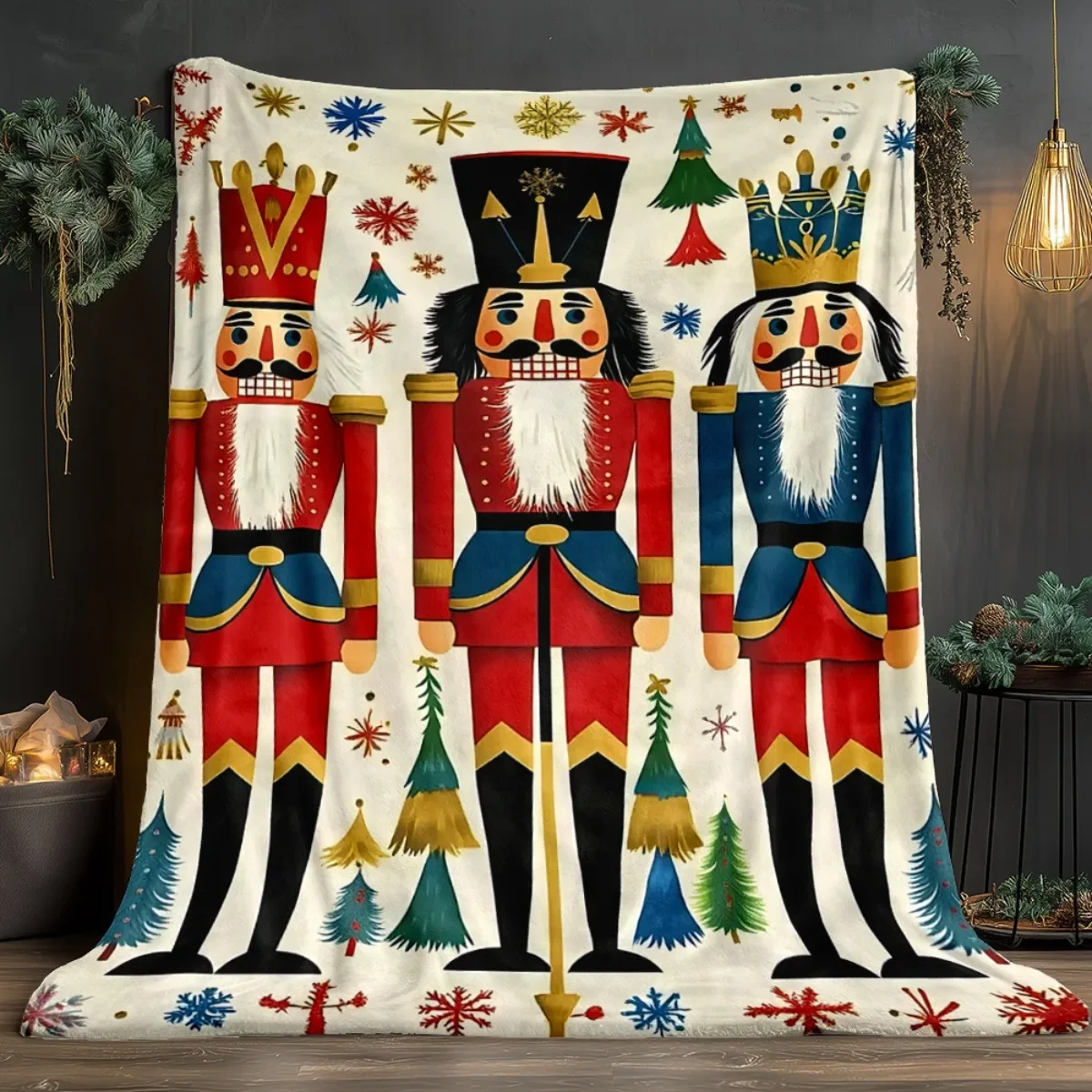 Christmas nutcracker soldier red blue uniform snowflake tree pattern festive holiday flannel blanket home decoration winter