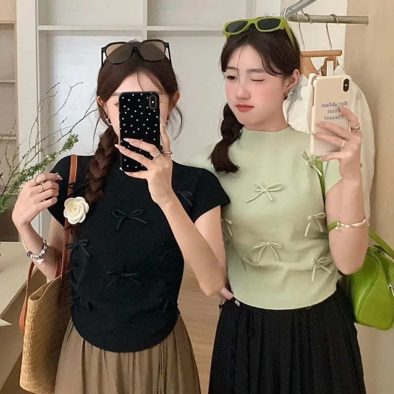 Korean Style Sweet Temperament Bow Stand-up Collar Sleeveless Knitted T-shirt Women's Summer 2025 New Versatile Top