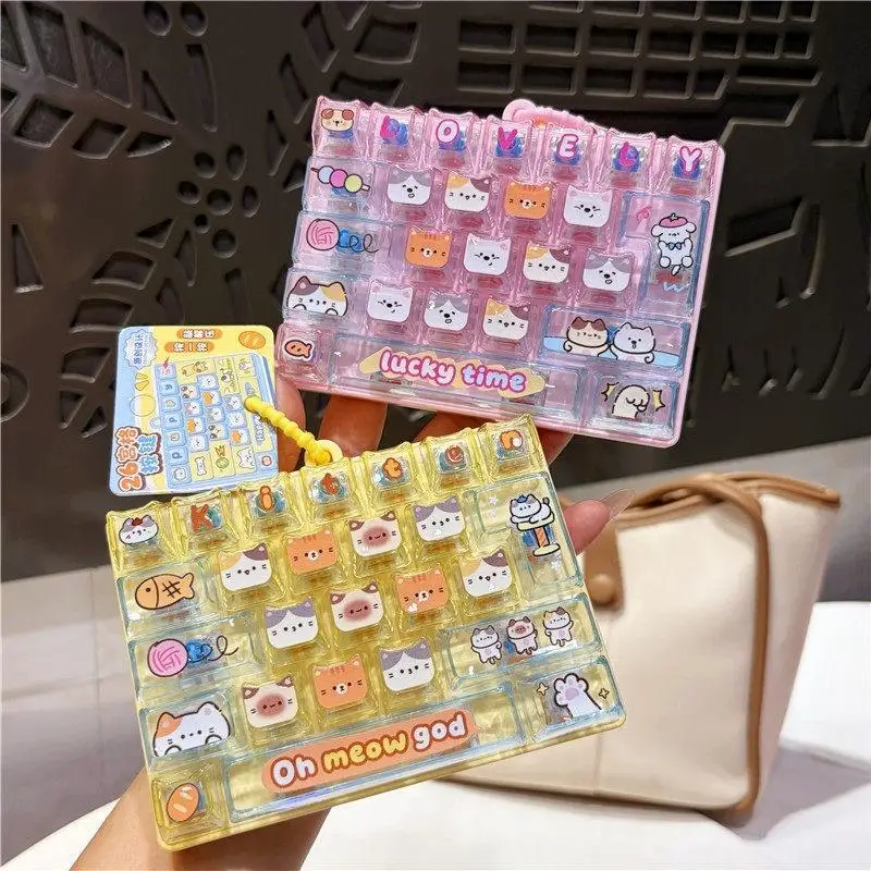 New 26 Keys Cute Mini Keyboard Fidget Keychain, Transparent Cat Dog Patterns Stress Relief Toy Ornament Bag Hanging