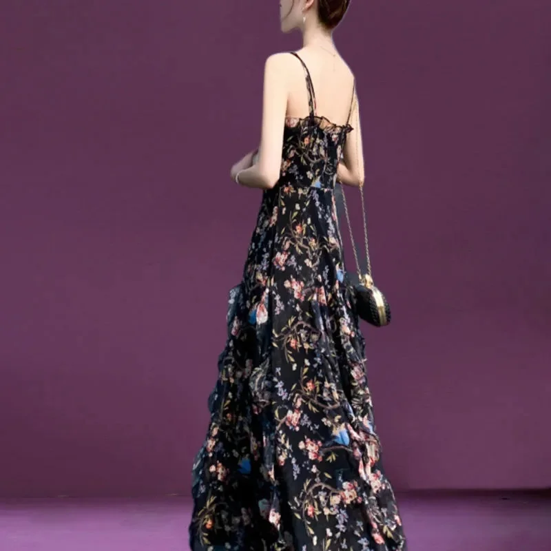 Français femme grande taille 4XL imprimé fleuri a-ligne robes été dames en mousseline de soie Maxi robe 2025 femmes bretelles longues robes