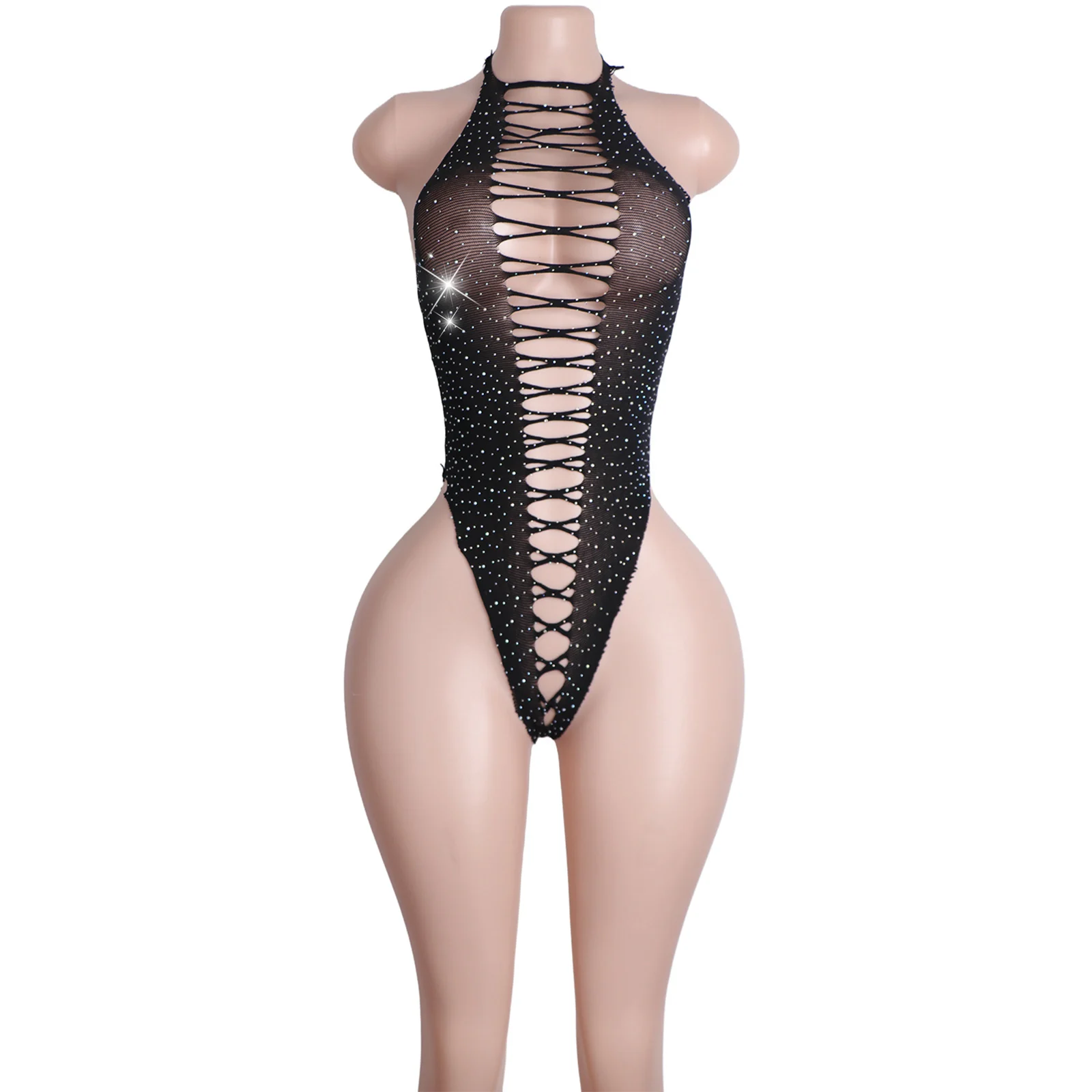 

Women's Sexy Diamond Rhinestone Fishnet Lingerie Thong Bodysuit with Adjustable Cross Strap for Erotic Performancewear
