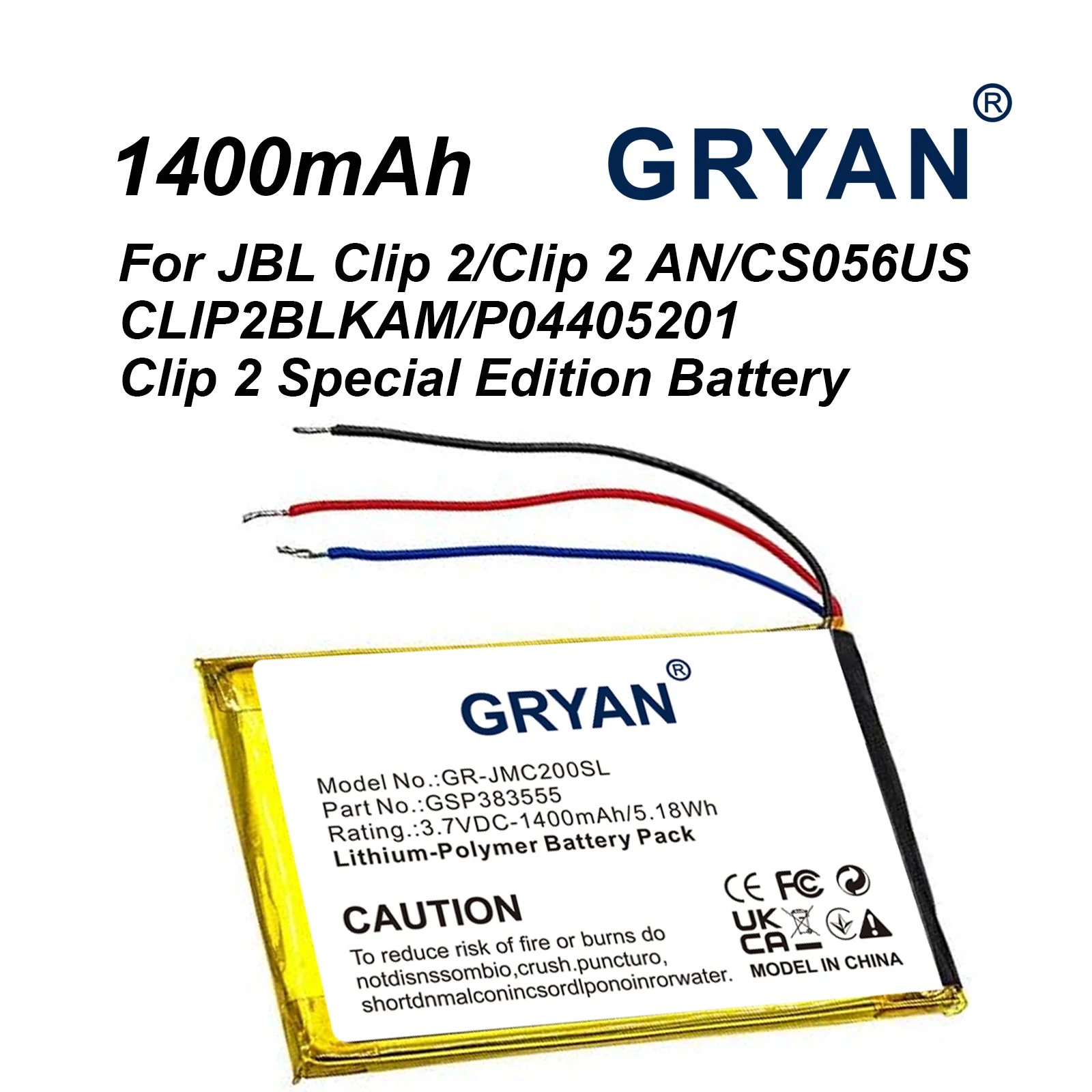 GRYAN Replacement 1400mAh Battery P453048D 01 GSP383555 for JBL Clip 2AN CS056US CLIP2BLKAM P04405201 Clip 2 Special Edition