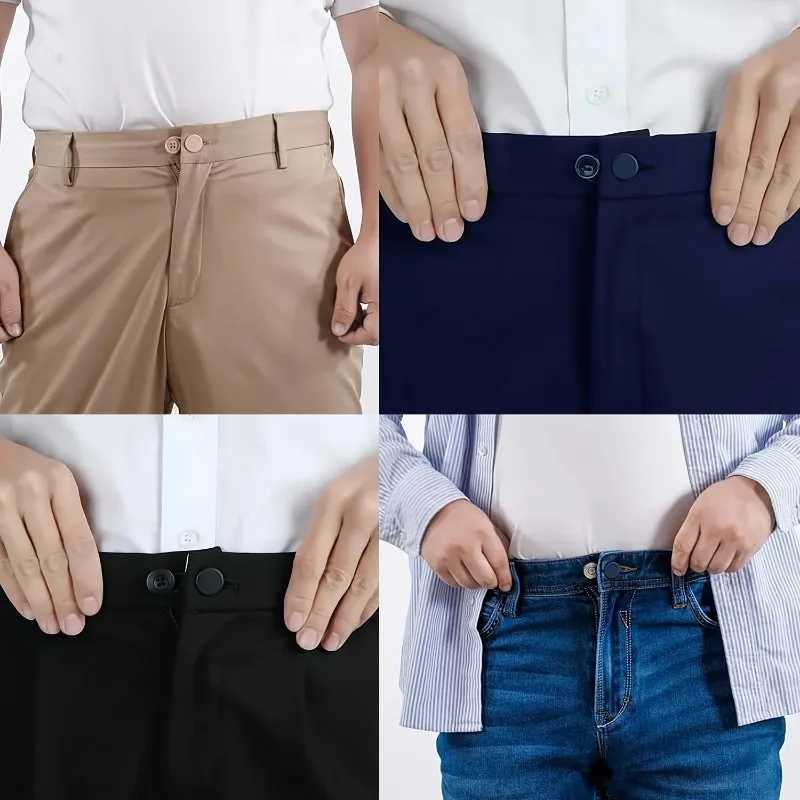 Easy-Adjust 4-Pack No-Sew Jean Waist Extenders - Adjustable Pants Button Expanders Adds 1-1.4 Inch Unisex in Khaki/Blue/Black