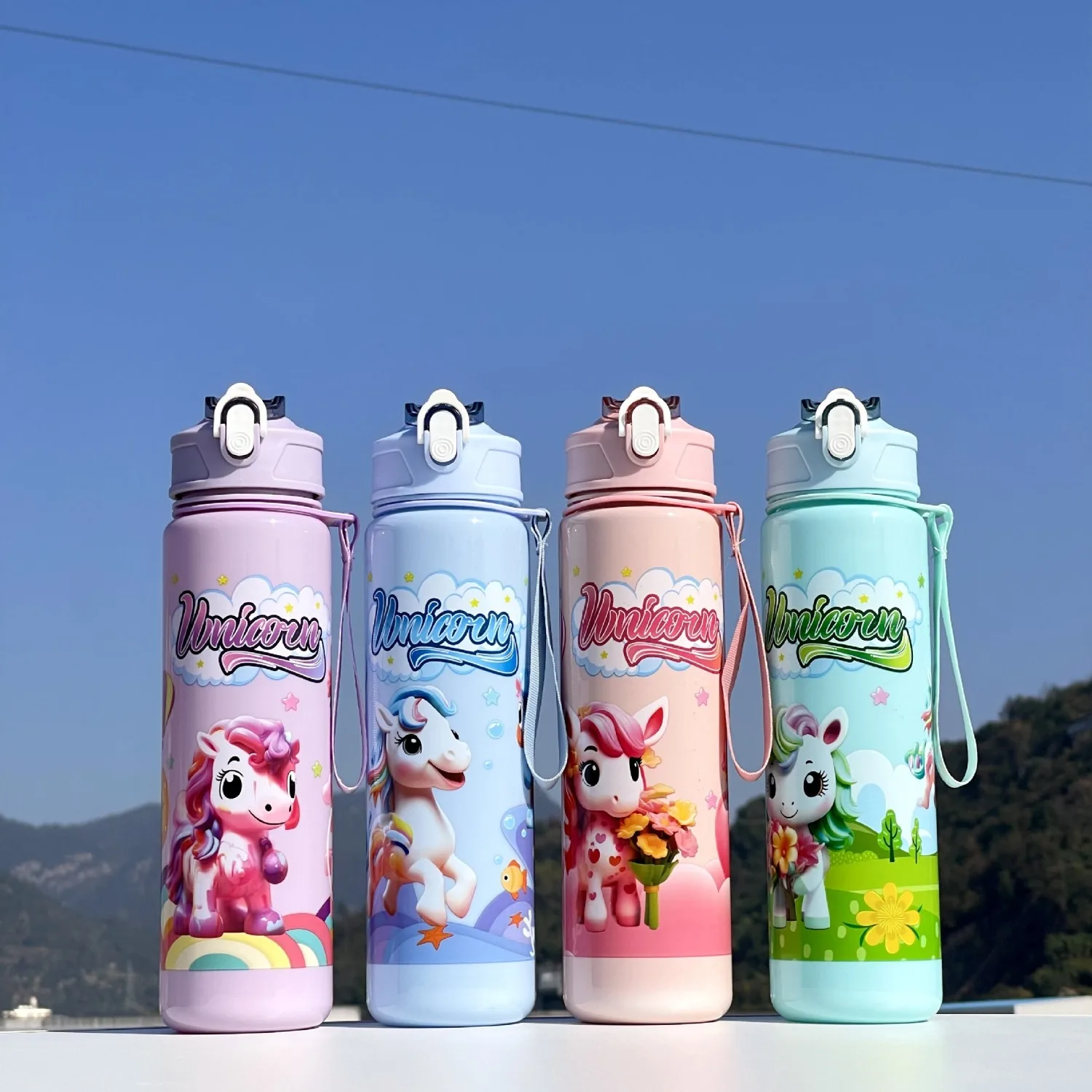 

790ml Cute Cartoon Plastic Children's Cup with Carrying Ring BPA-Free High Temperature Resistant Portable Outdoor Water Bottle