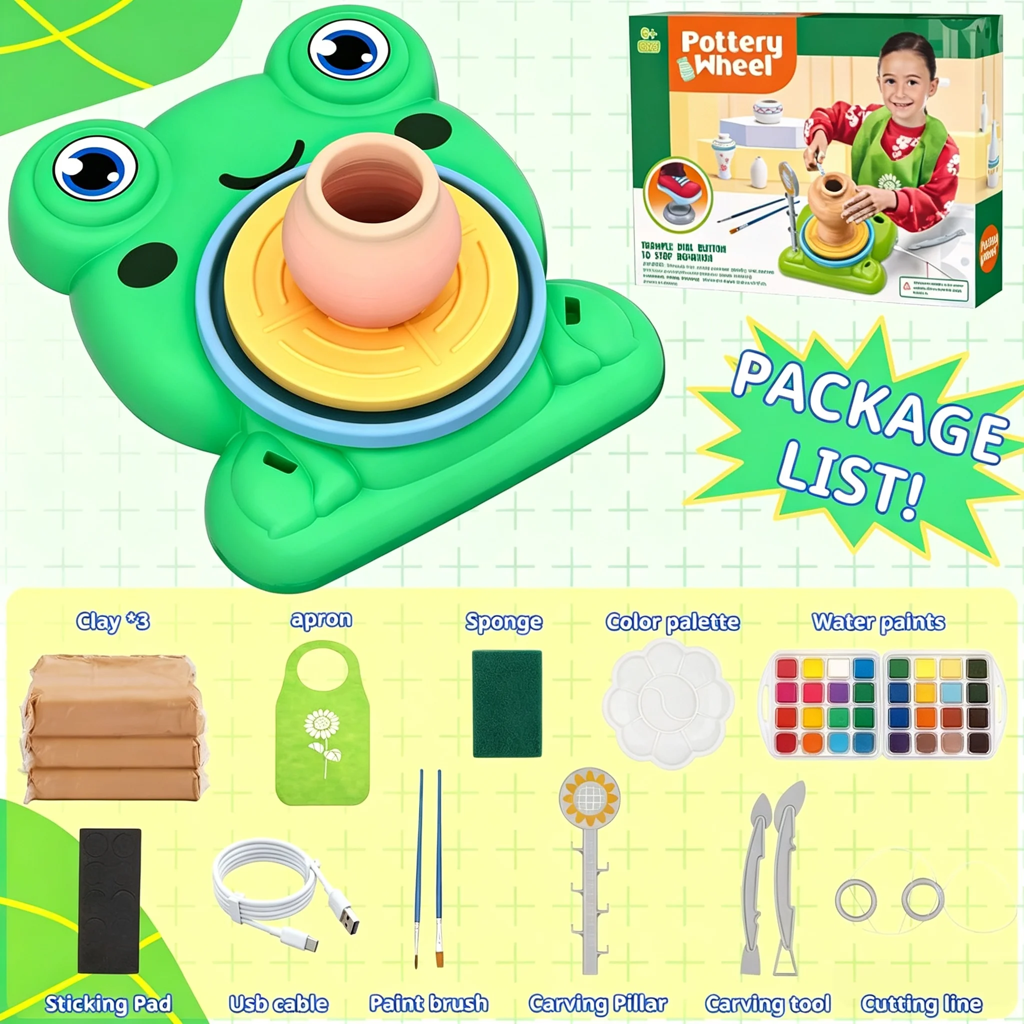 Complete Children Pottery Wheel Craft Painting Set with 3 Pack Clay Supplies, Creative Arts Gift for Kids 6 to 12 Years Old
