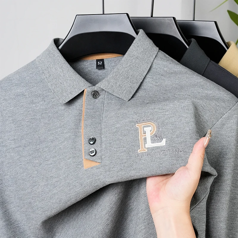 

100Cotton Men's Polo Shirt Autumn New Arrival Lapel Letter Embroidery Long Sleeve T-Shirt High-End Business Handsome Men'swear