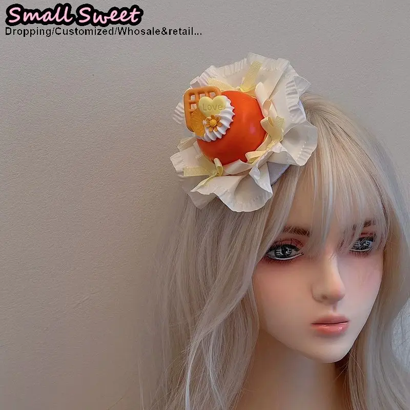 Women  Sweet Lolita Girl Cream Cake Mini Hat Hair Clip Ruffle Lace Bow chocolate Headdress Birthday Cosplay Party hairpin