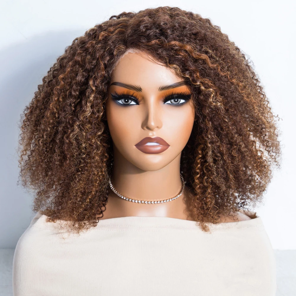 

Lekker Glueless Short Kinky Curly T Part Lace Bob Human Hair Wig For Women Brazilian Remy Hair Ready to Wear Highlight Brown Wig