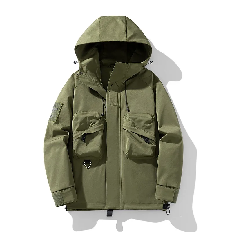 Men Camo Tie Dye Hooded Jacket Multi Pockets Zip Up Windproof Waterproof Outdoor Tactical Streetwear Casual Outer Coat