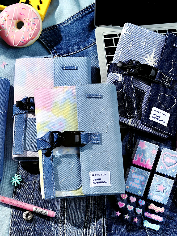 Y2K A6 Photocard Collect Binder Jeans Loose-leaf Journal with Sticker Set Button Lock Photo Holder Book Portable Girl Notebook