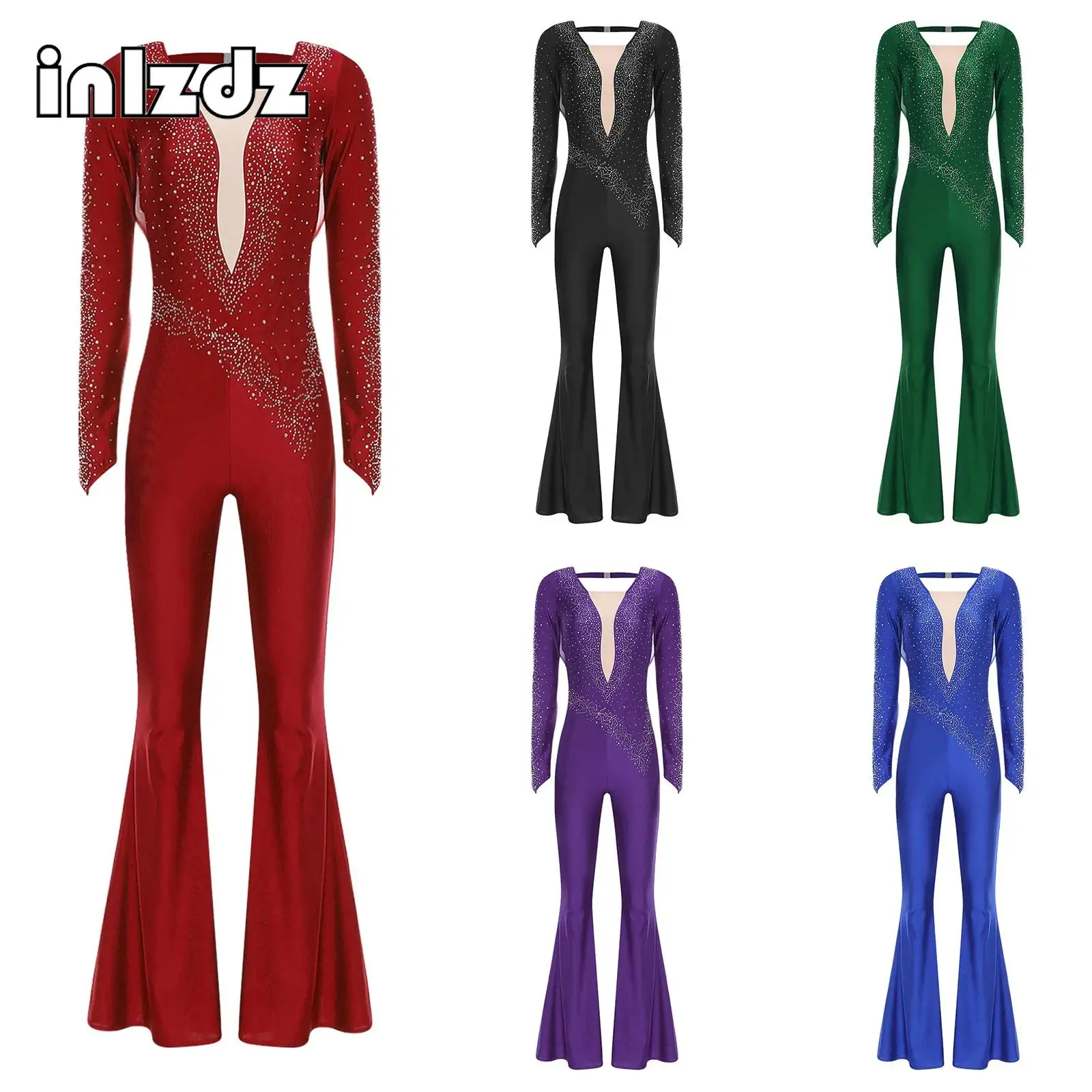 

Women's Sparkling Rhinestone Dance Romper Jumpsuit Backlesss Long Sleeve with Back Cutout Ruching for Latin Cha-Cha Performances