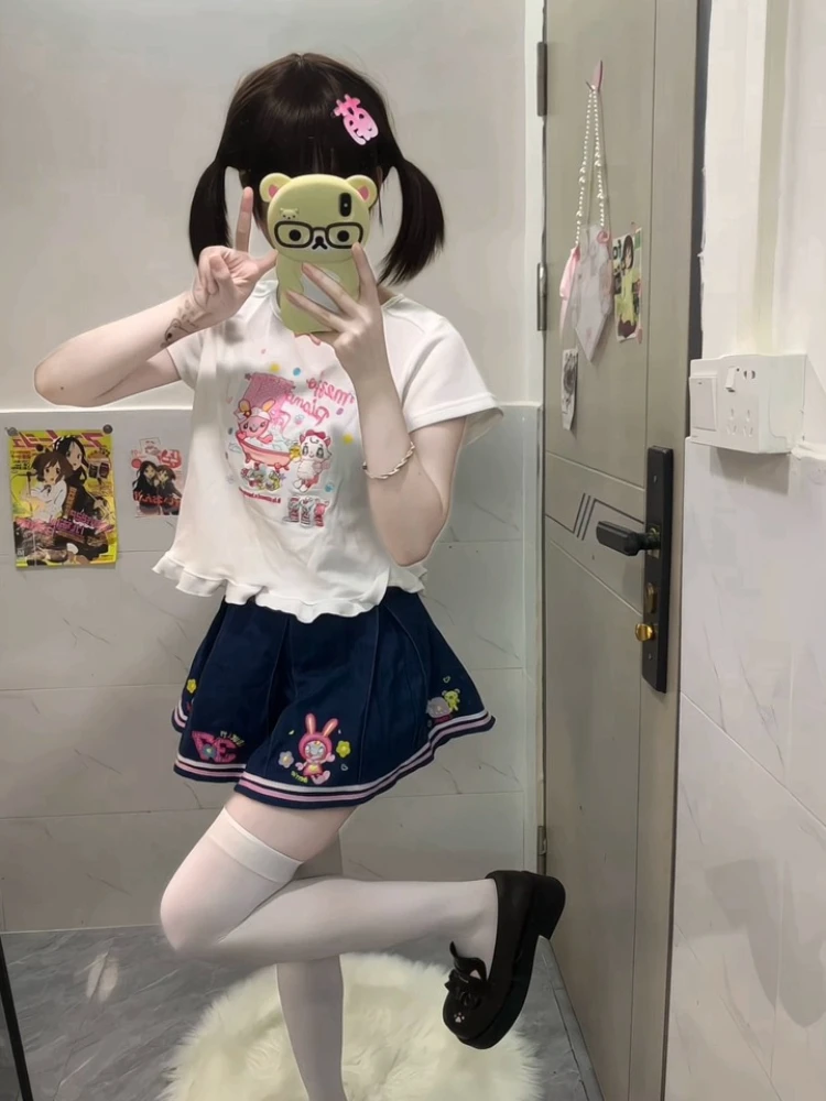 Japanese Kawaii Lolita Cute Denim Pleated Skirt Women Sweet Cartoon Rabbit Embroidery Short Skirt Harajuku Y2k Pretty Mini Skirt