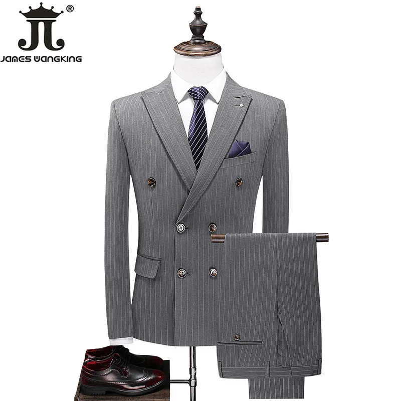 ( Jacket + Vest + Pants ) Groom Wedding Dress Boutique Striped Formal Double Breasted Suit 3pce Set Mens Casual Business Suit