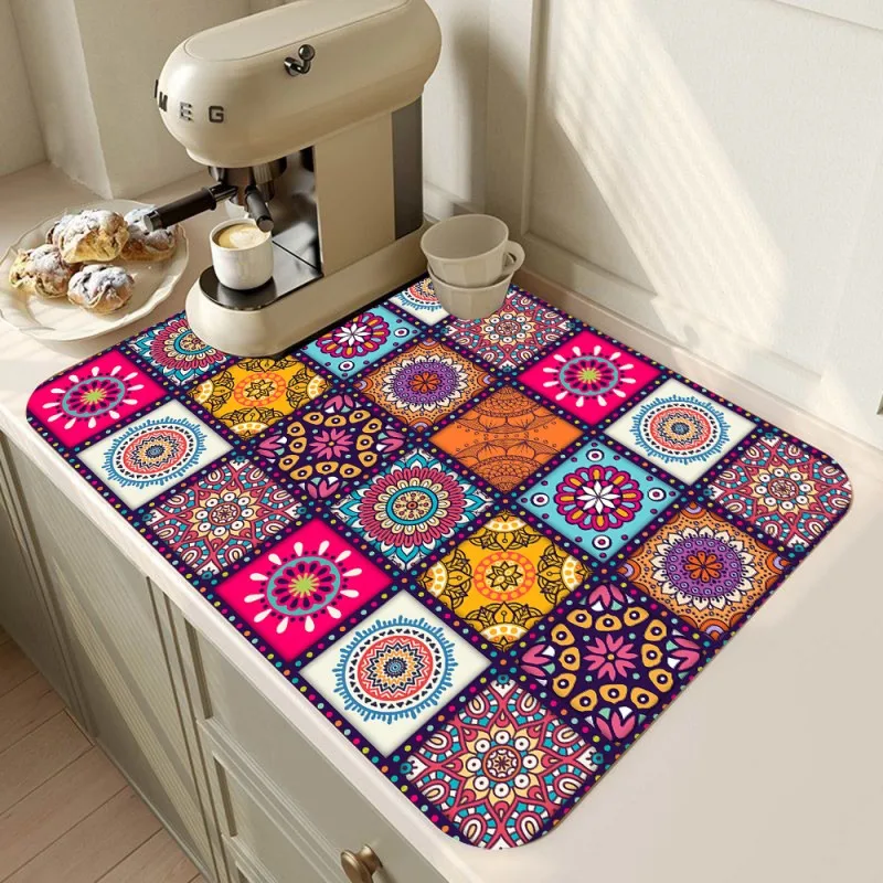 Coffee Maker Mat Retro Mandala Style Dish Drying Mats for Kitchen Non-slip Draining Pad Quick Dry Tableware Placemat  Washable