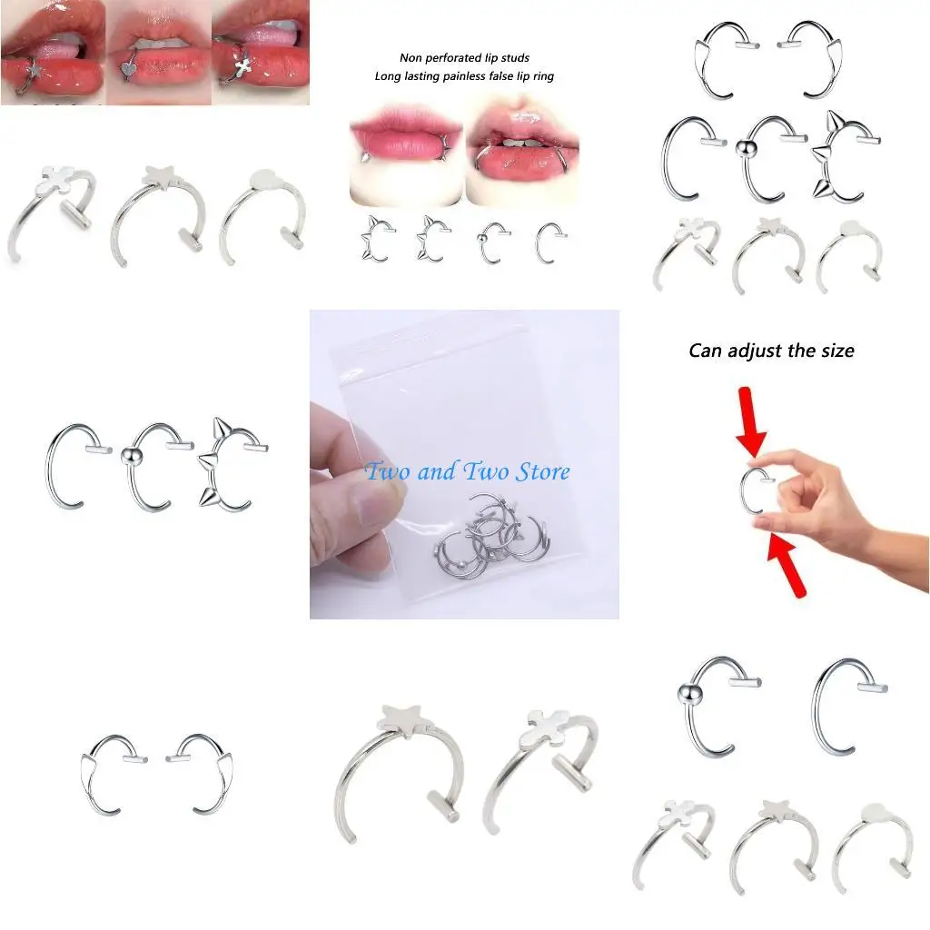 

HX6F Not Piercing Lip Jewelry Punk Clip on Lip Rings Unique Body Accessory Gothic Design Stainless Steel Texture for Daily
