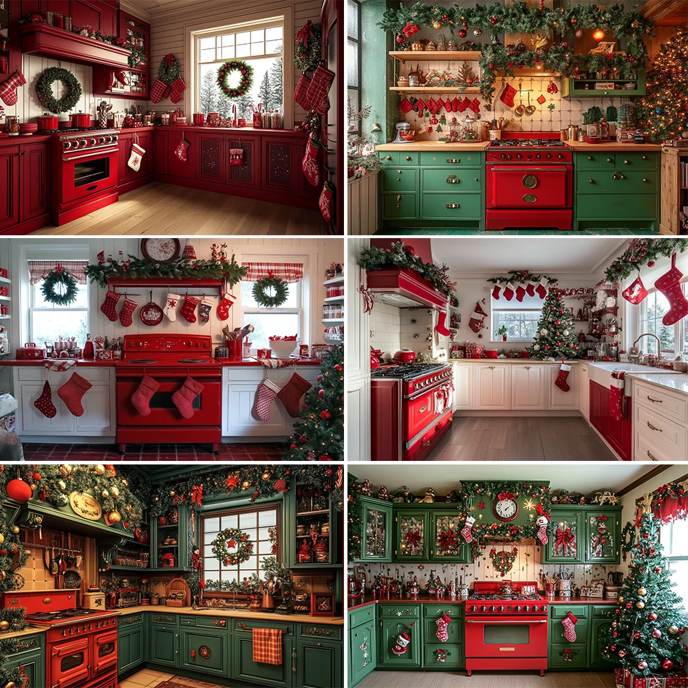 

Christmas Kitchen Theme Photography Background Family Warm Winter Red Green Vintage Wood Cabinet Wreath Photo Studio Prop Gifts